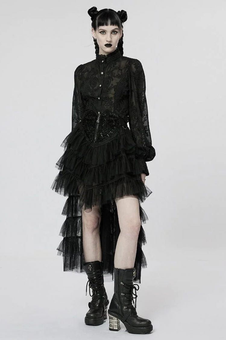 Stand Collar Long Puff Sleeves Embroidery Womens Gothic Blouse 2 Colors - Product - 5