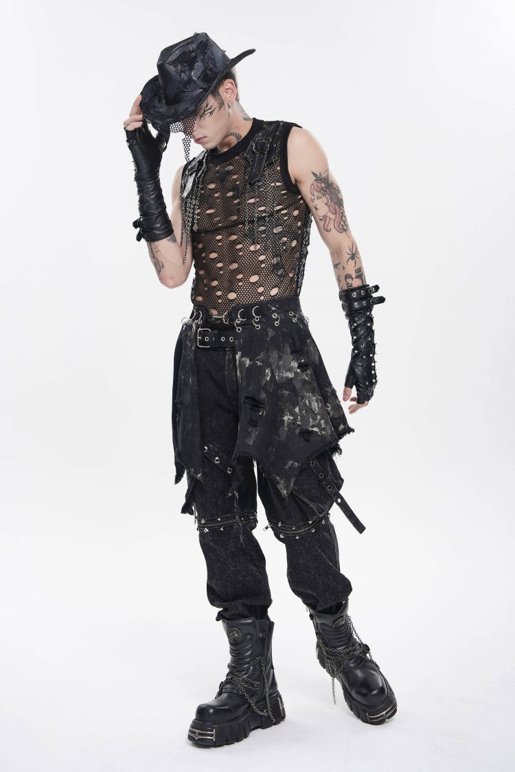 Black Irregular Ripped Buckled Pleated Chain-Decorated Men's Punk Skirt - Product - 5
