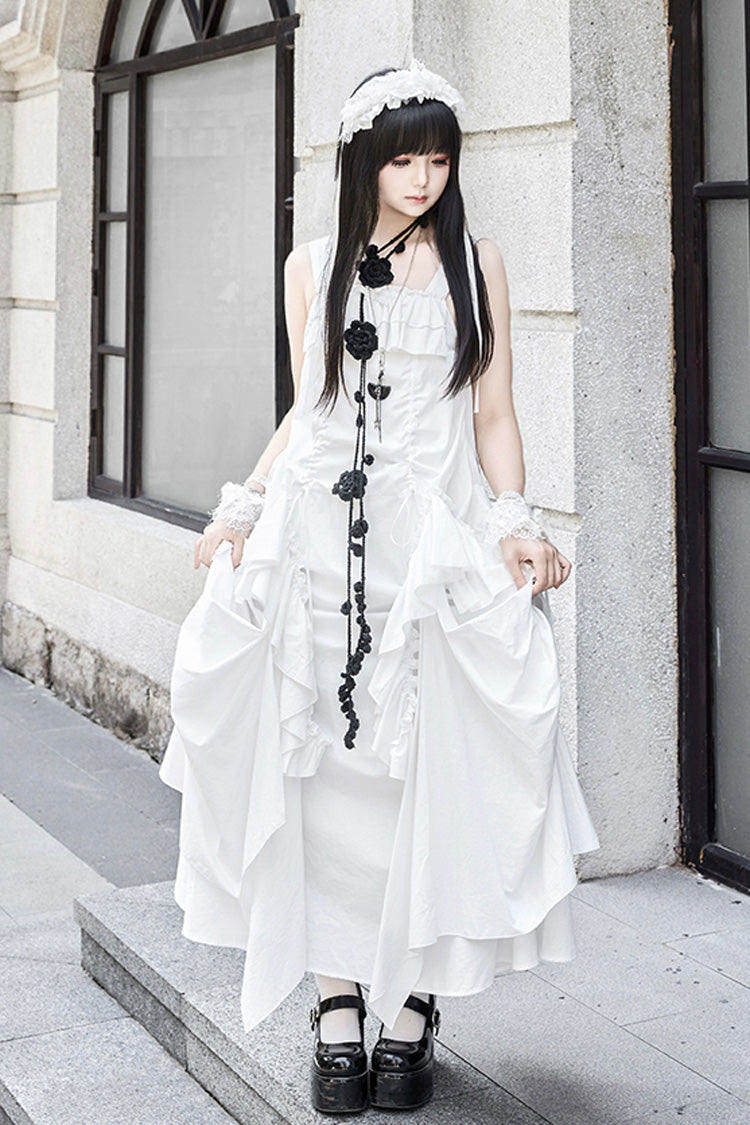 White [Dream] Sleeveless Ruffle Gothic Lolita Strap Dress - White - 1