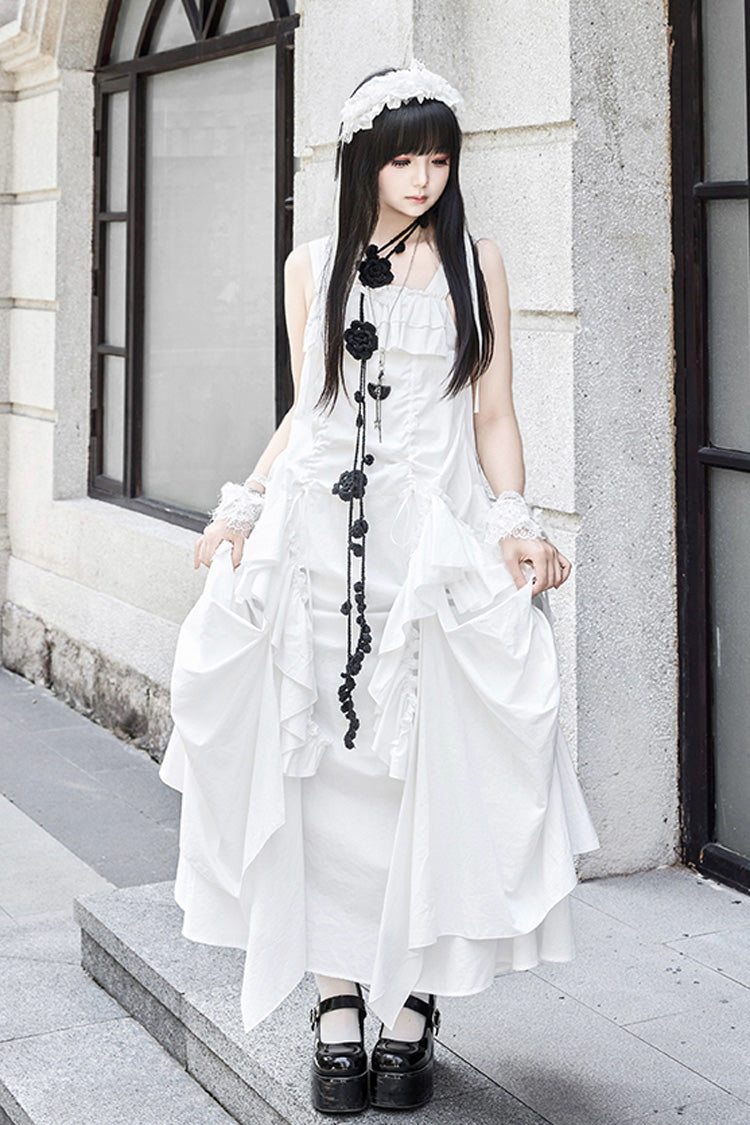 White [Dream] Sleeveless Ruffle Gothic Lolita Strap Dress - White - 1