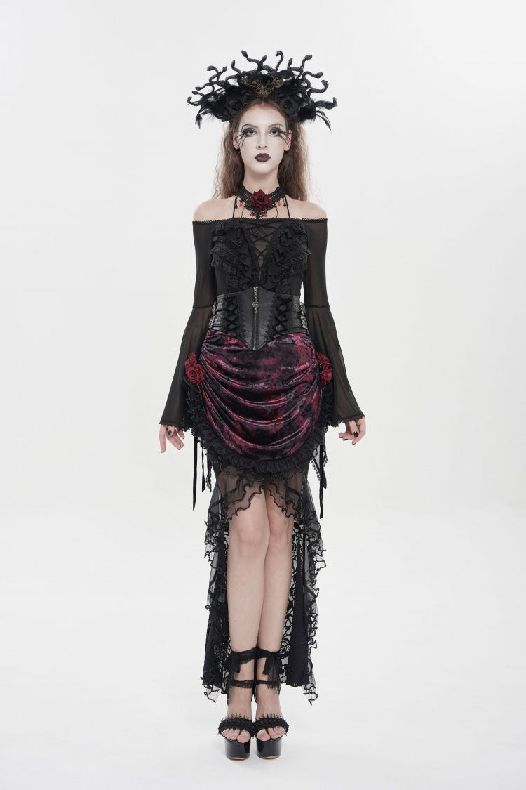 Black/Red Embroidered Rose Lace-up Irregular Women's Gothic Hem Skirt - Product - 6
