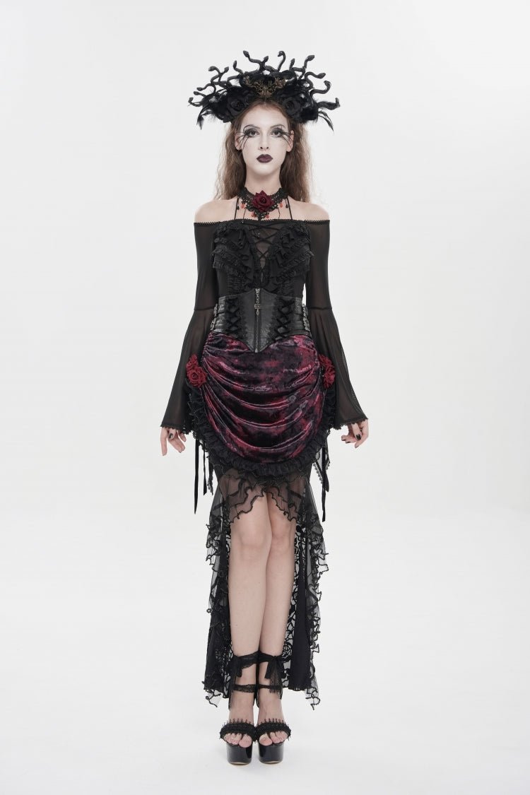 Black/Red Embroidered Rose Lace-up Irregular Women's Gothic Hem Skirt - Product - 6