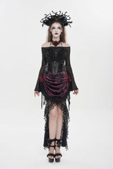 Black/Red Embroidered Rose Lace-up Irregular Women's Gothic Hem Skirt - Product - 6