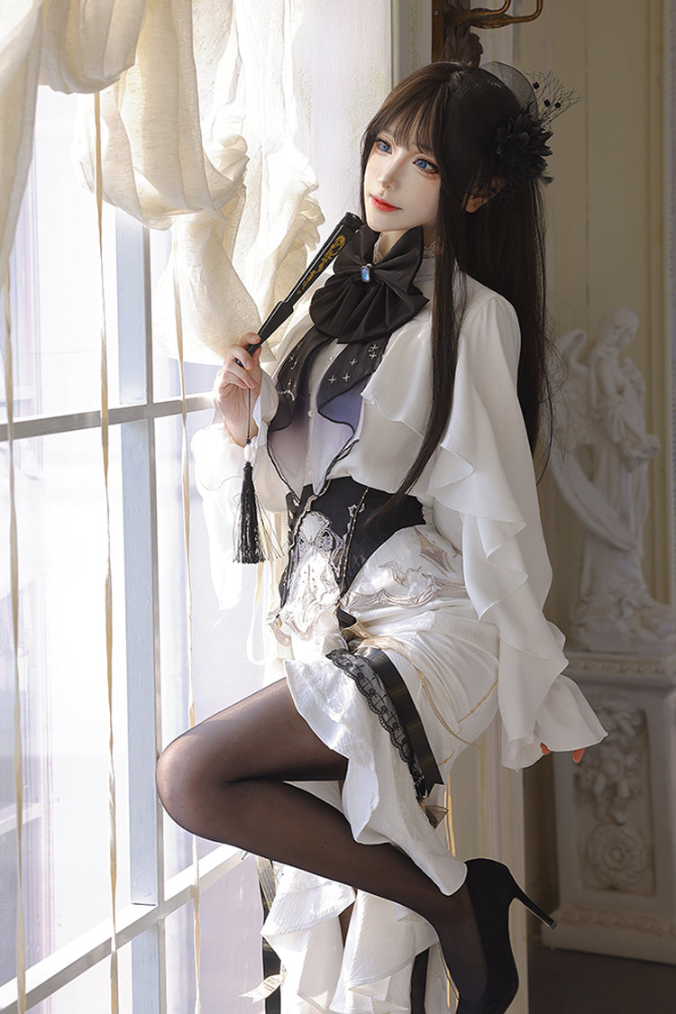 White [Star Gate] Jacquard Embroidery Bowknot Irregular Sweet Elegant Princess Lolita Skirt - Product - 14