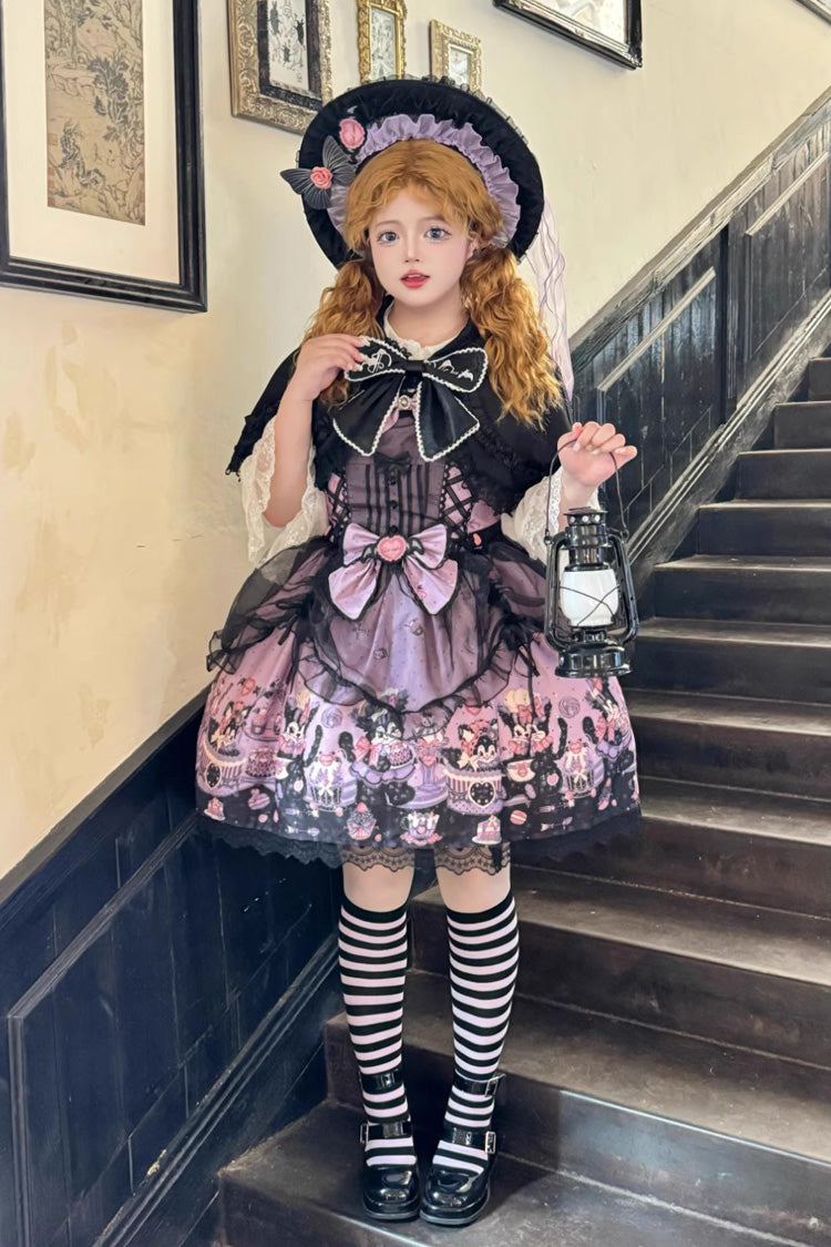 Purple [Devil Cat] Print Ruffle Bowknot Lace Gothic Lolita Jsk Dress (Plus Size Support) - Product - 2
