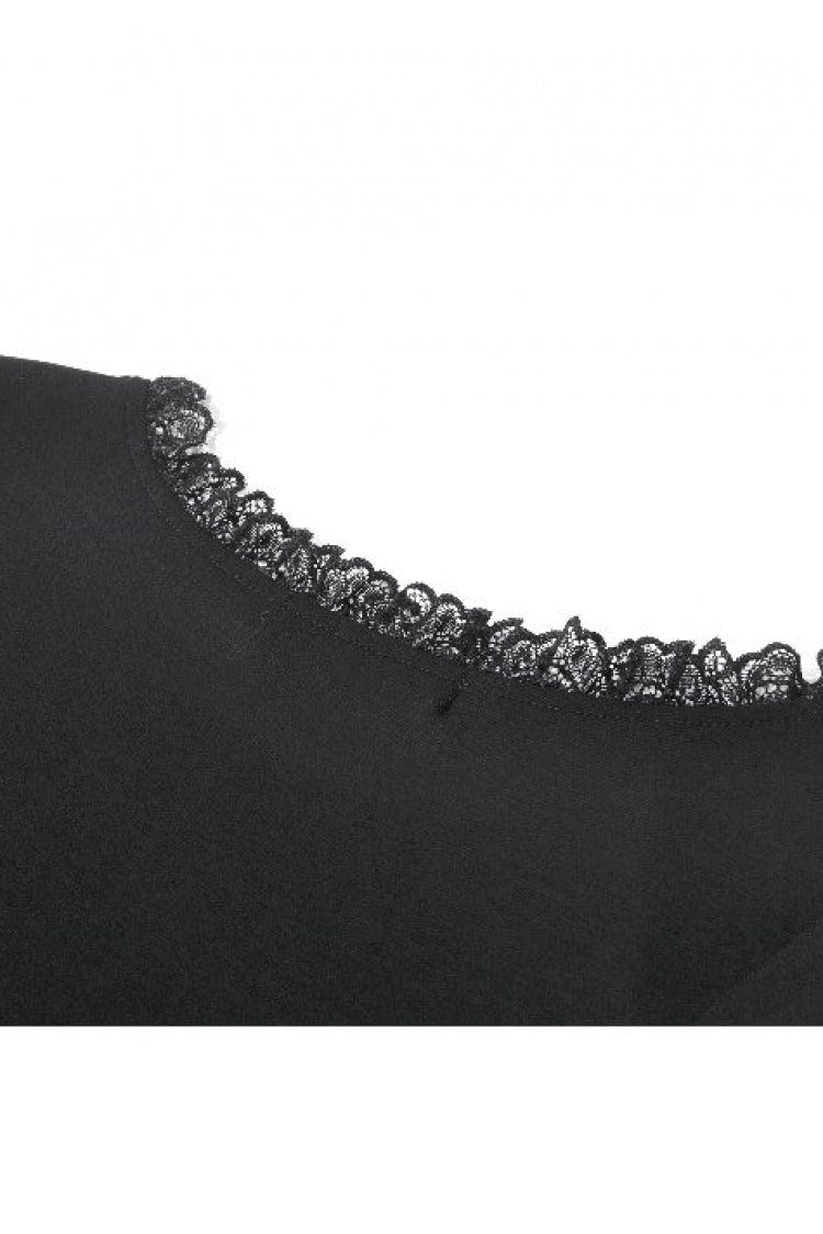 Black Women's Gothic Square Collar Double-Layered Lace Short Sleeves Embroidered Slim Fit Top - Product - 17