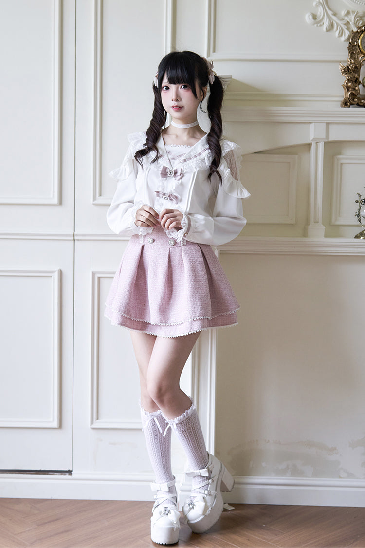 Jirai Kei Navy Collar Long Sleeves Bowknot Lace Sweet Japanese Blouse 3 Colors - Product - 5