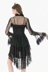 Black Lace Ruffled High Collar Long Flare Sleeves Sheer Mesh Women's Gothic Cape - Product - 4