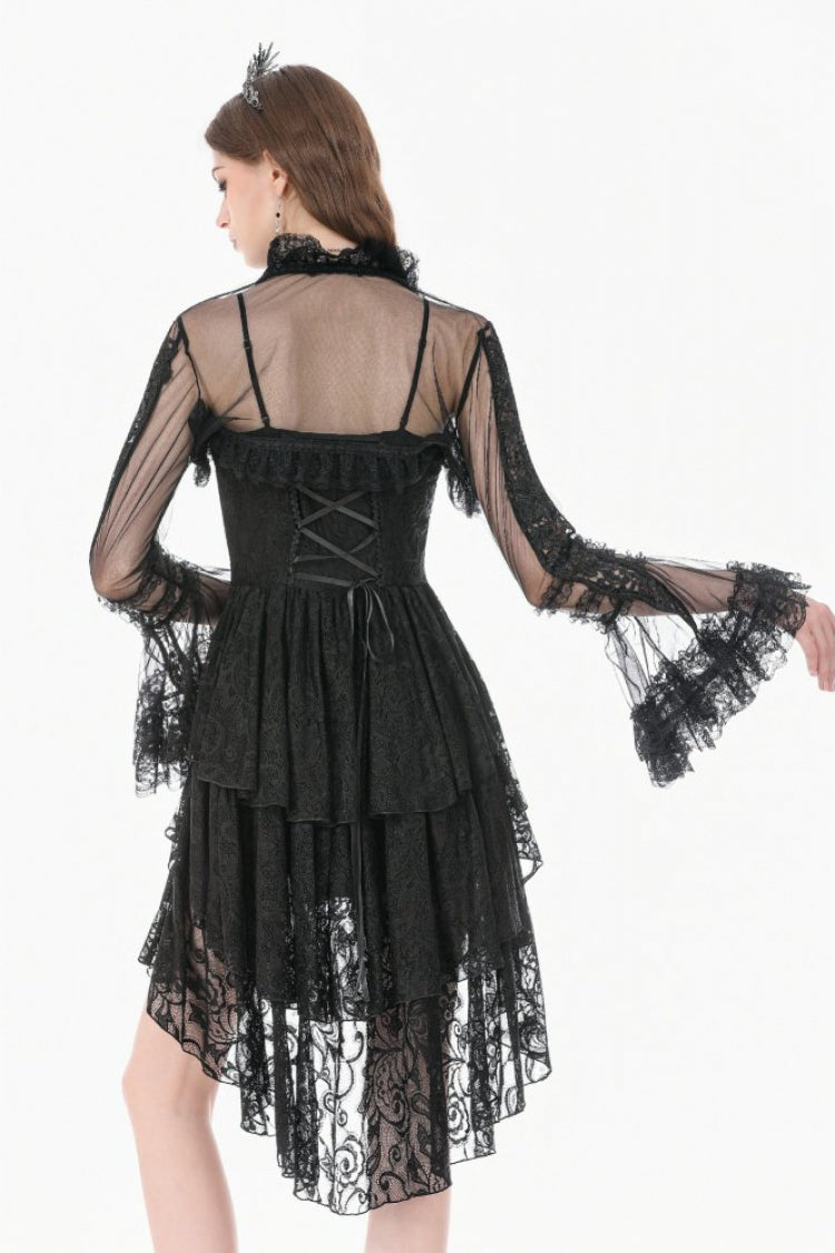 Black Lace Ruffled High Collar Long Flare Sleeves Sheer Mesh Women's Gothic Cape - Product - 4