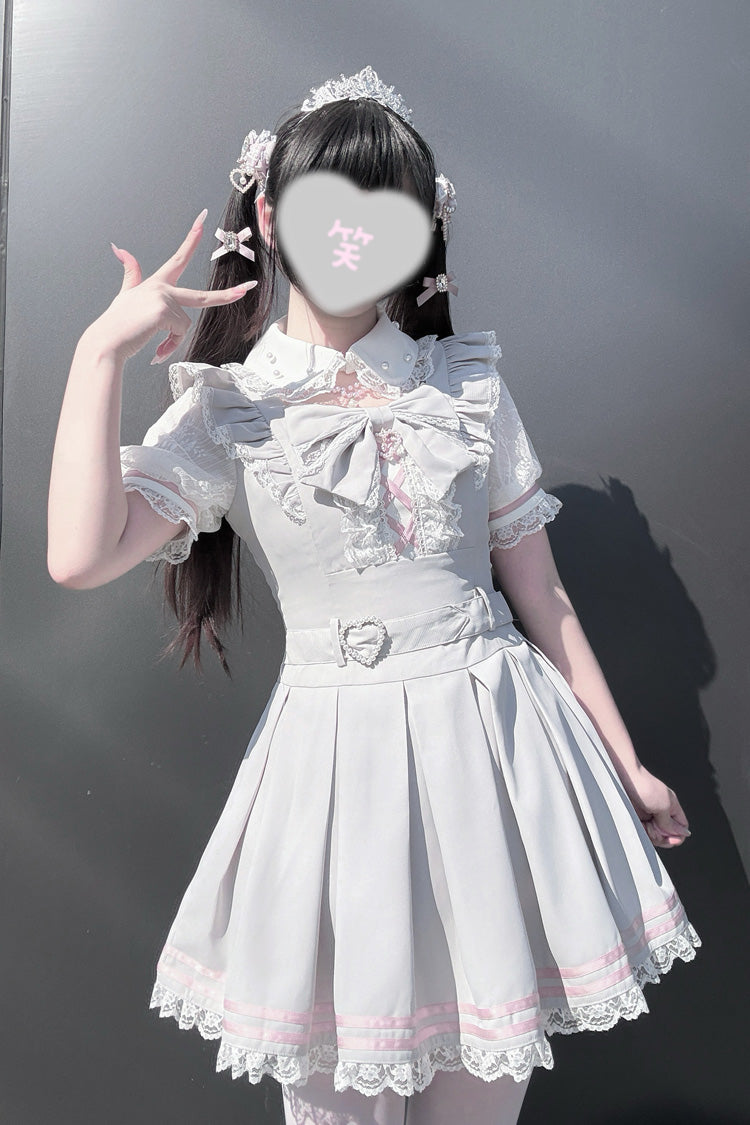 [Pearl Letter] Lapel Collar Short Sleeves Ruffled Bow Lace Jirai Kei Japanese Dress 2 Colors - Product - 5