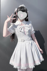 [Pearl Letter] Lapel Collar Short Sleeves Ruffled Bow Lace Jirai Kei Japanese Dress 2 Colors - Product - 5