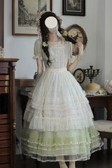 Muscat Green [Vintage Ball 3.0] Square Collar Short Sleeves Lace Pearl Detail Sweet Lolita Dress - Product - 13