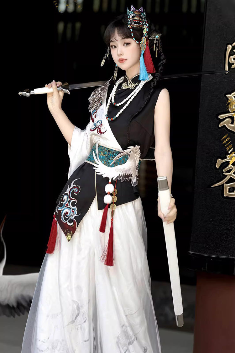 Black/White Stand Collar Single Long Sleeve Printed Embroidered Asymmetric Chinese Style Ouji Set - Product - 10