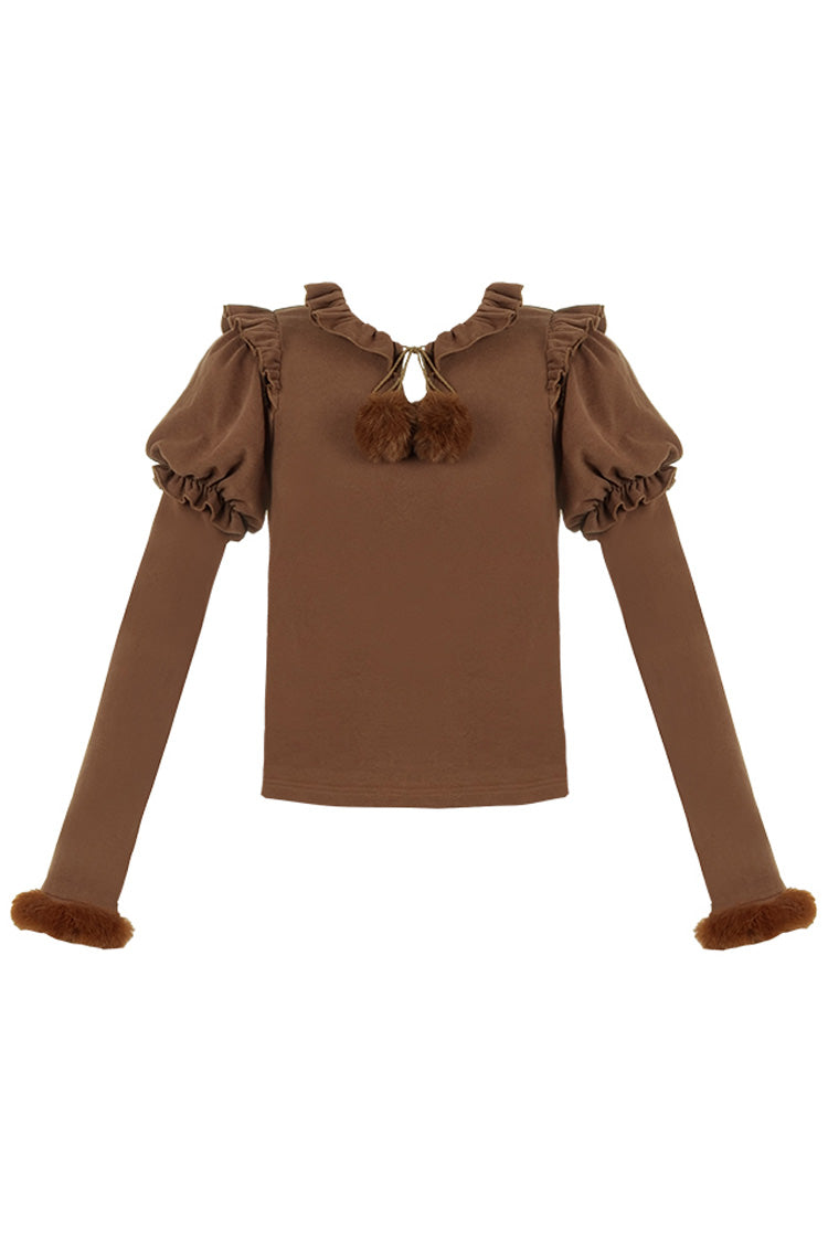 Hair Ball Tie Long Puff Sleeves Sweet Lolita Blouse 4 Colors - Brown - 3