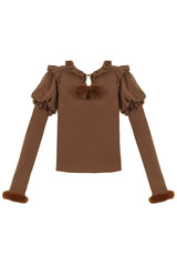 Hair Ball Tie Long Puff Sleeves Sweet Lolita Blouse 4 Colors - Brown - 3