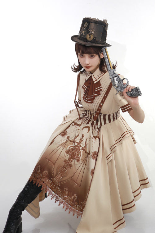 Beige British Style Short Sleeves Libra Print Cardigan Sweet Lolita Dress - Product - 7