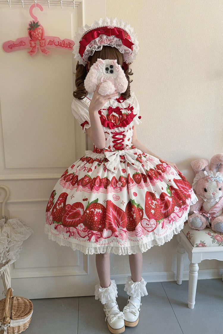 [Sweet Berry Tale] Strawberry Print Ruffle Bowknot Lace Sweet Lolita Jsk Dress 4 Colors - Product - 14