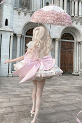 Pink [First Love Rose] Multi-Layered Print Ruffle Bowknot Lace Sweet Lolita Jsk Dress Set - Product - 5