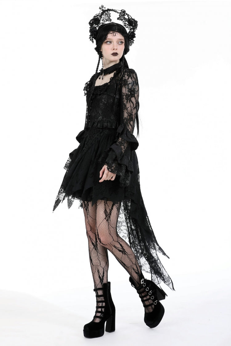Black Multi-Layered Long Trumpet Sleeves Lace Lace-Up Women's Gothic Top - Product - 10