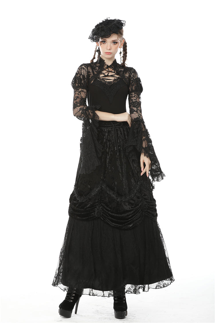 Black Long Puff Sleeves Sheer Floral Lace Lace-Up Women's Gothic Cape - Product - 6