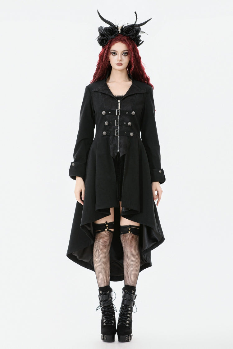 Black Lapel Collar Long Sleeves Lace-Up Irregular Bouble-breasted Buckle-up Women's Gothic Coat - Product - 5