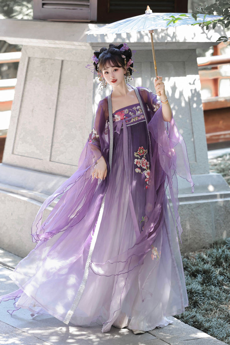 Purple Long Sleeves Embroidery Sweet Tang-style Hezi Hanfu Dress Full Set - Purple - 1