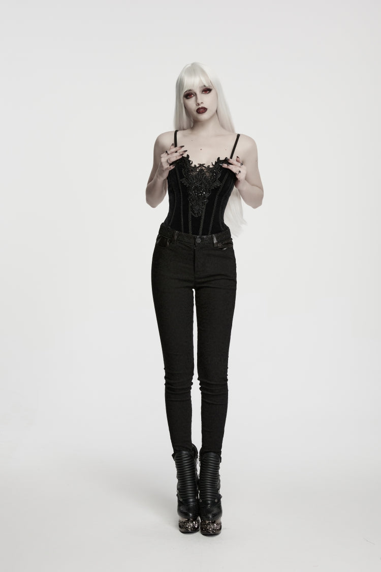 Black Jacquard Slim Fit Women's Gothic Cool Cosplay Pants - Product - 5