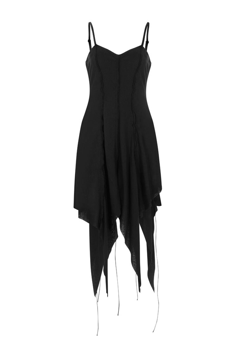 Black Leather Shoulder Strap Irregular Sharp Corner Hem Women's Gothic Sling Dress - Product - 5