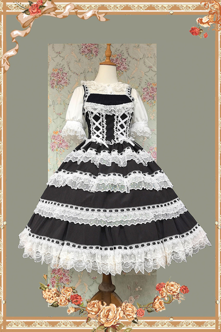 Black/White [Doll in the Mirror] Square Collar Sleeveless Ruffled Lace-Up Sweet Lolita Jsk Dress - Product - 4