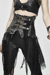 Black Vintage Leather Patchwork Distressed Belted Irregularly Lace Hem Women's Punk Half Skirt - Product - 2