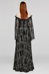 Black/Gold Boat Neck Off Shoulder Print Hollow Stitching Mesh Women's Gothic Dress - Product - 3
