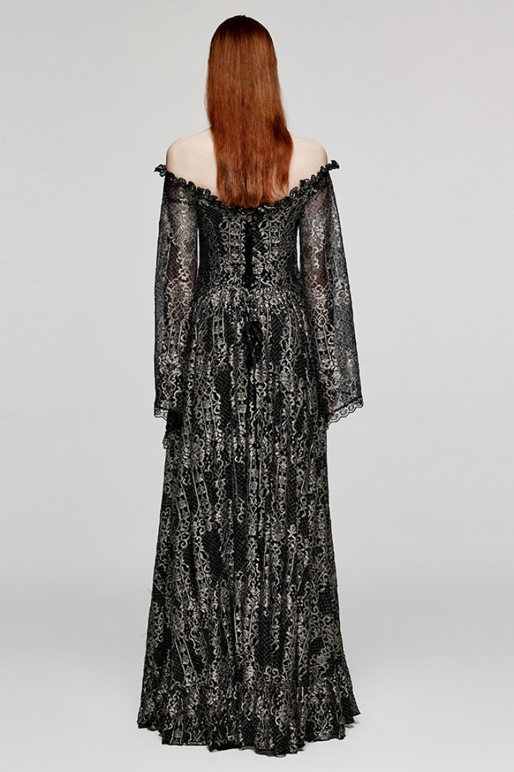 Black/Gold Boat Neck Off Shoulder Print Hollow Stitching Mesh Women's Gothic Dress - Product - 3
