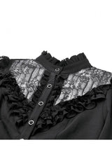 Black Stand Collar Long Trumpet Sleeves Multi-Layered Ruffled Lace Patchwork Lace-Up Women's Victorian Gothic Blouse - Product - 13
