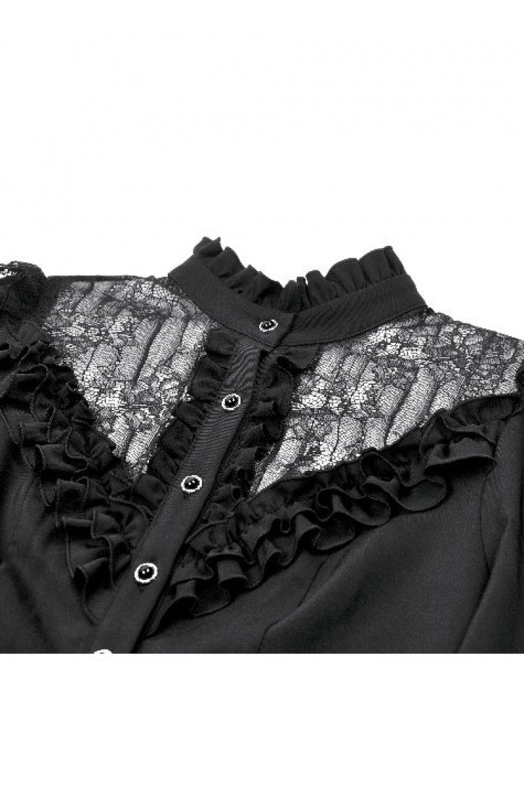 Black Stand Collar Long Trumpet Sleeves Multi-Layered Ruffled Lace Patchwork Lace-Up Women's Victorian Gothic Blouse - Product - 13