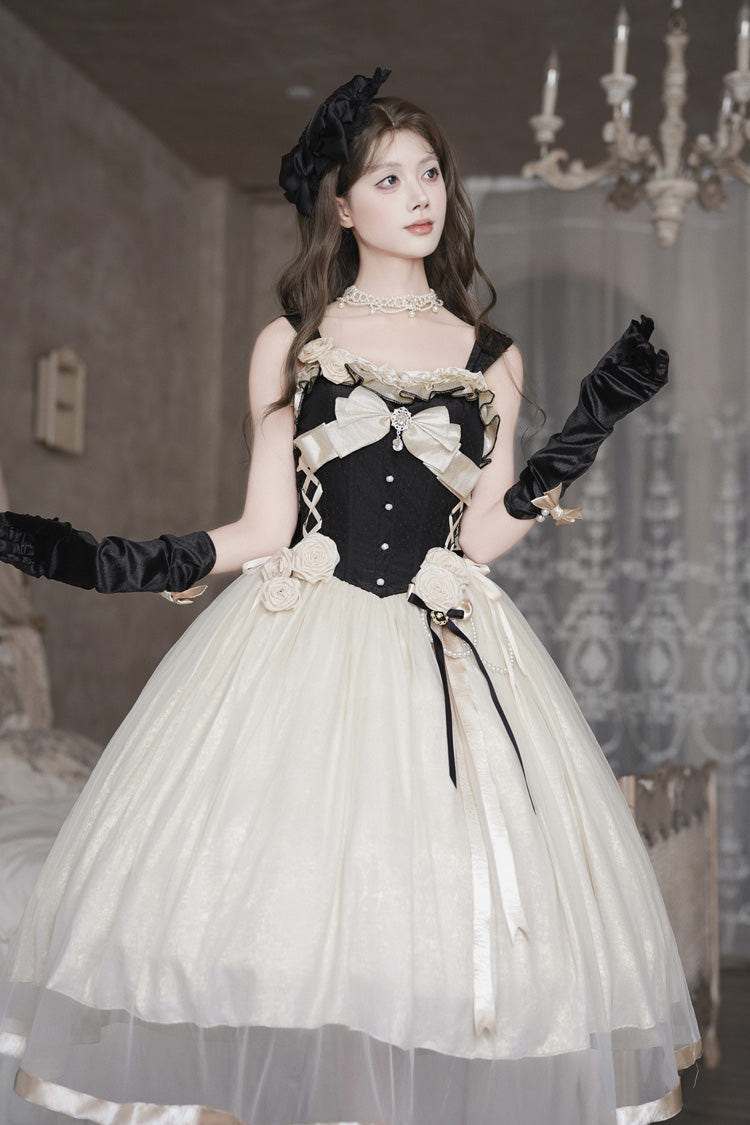 Black/White [Paris Souvenir] Sleeveless Ruffled Bow Lace-Up Fishbone Pearl-Decorated Classic Elegant Lolita Jsk Dress - Product - 6
