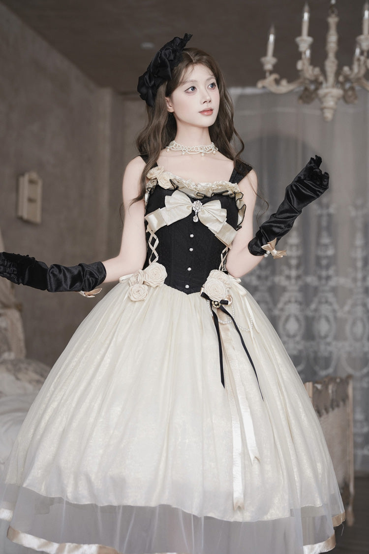 Black/White [Paris Souvenir] Sleeveless Ruffled Bow Lace-Up Fishbone Pearl-Decorated Classic Elegant Lolita Jsk Dress - Product - 6