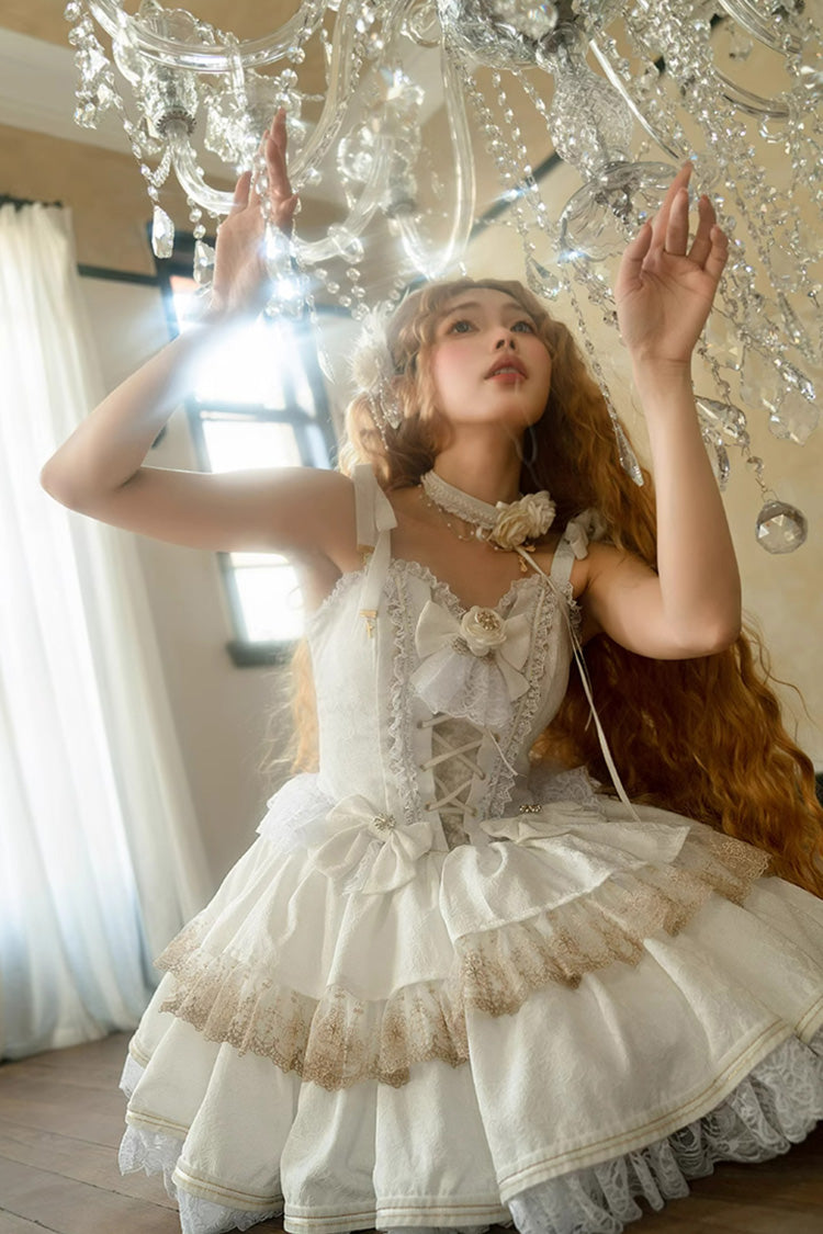 White Double-Layered Ruffle Lace Gothic Ballet Lolita Jsk Dress - Product - 6