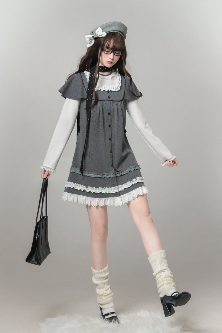 Grey Square Collar Long Sleeves Polka Dot Printed Ruffled Sweet Lolita Dress - Product - 4