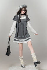 Grey Square Collar Long Sleeves Polka Dot Printed Ruffled Sweet Lolita Dress - Product - 4