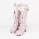 Lace Bowknot Heart Shaped Round Toe Sweet Lolita High Boots - Pink - 2
