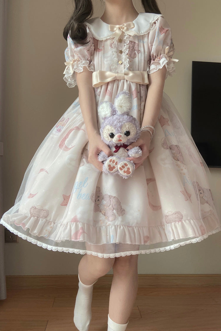 Star Wishing Bear Print Short Sleeves Bowknot Sweet (Dress Only) detail view 14