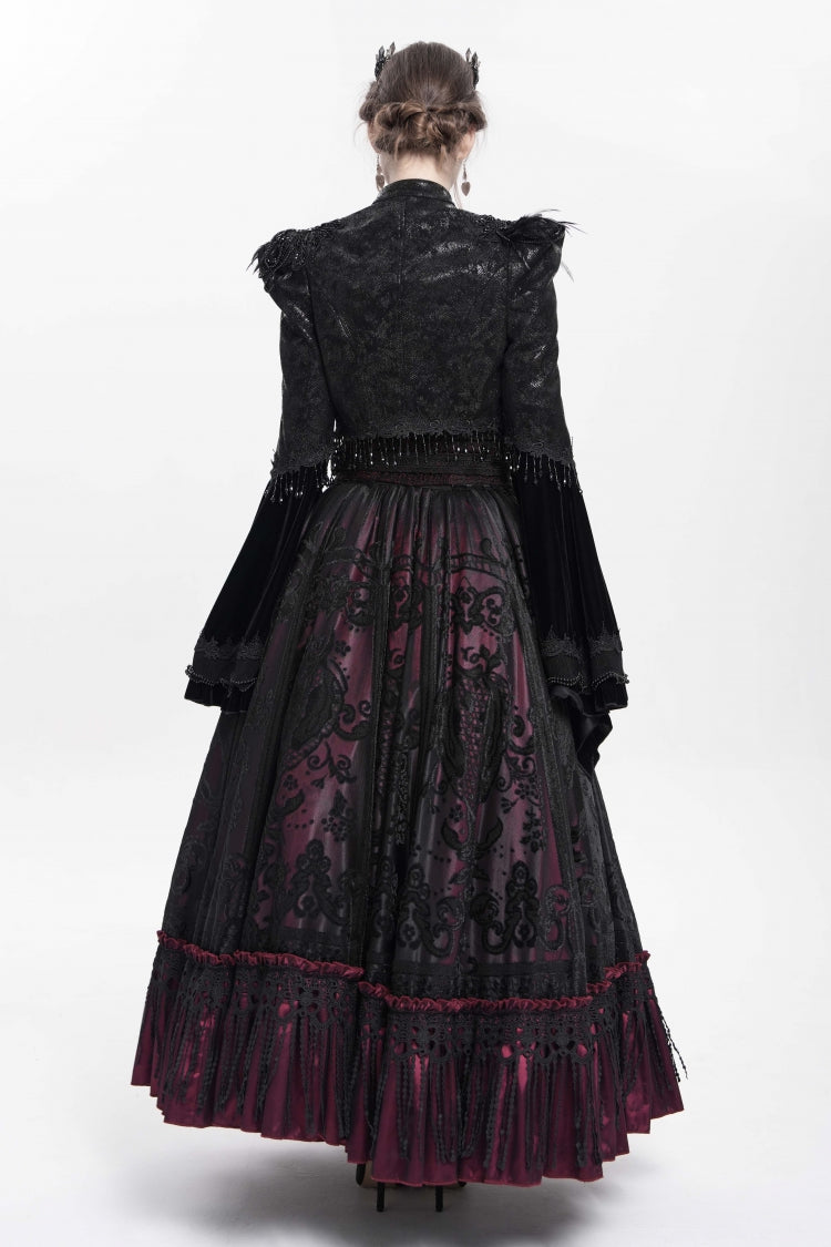 Black Long Sleeves Floral Embroidery Women's Gothic Beaded Frog Short Jacket - Product - 6