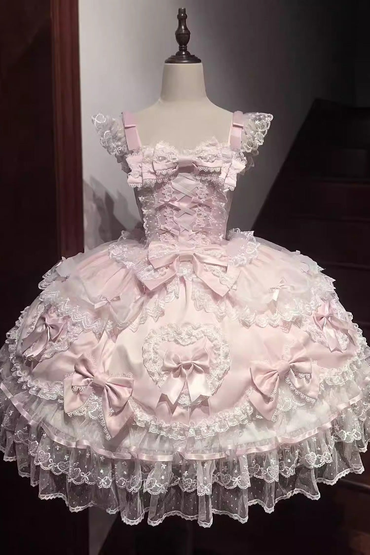 Pink [Sweetheart] Sleeveless Multi-Layered Embroidered Bow Lace Lace-Up Sweet Lolita Jsk Dress - Product - 3