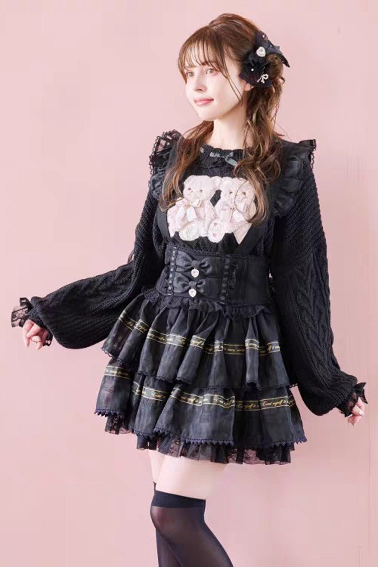 Sweet High Waisted Double-Layered Ruffle Bowknot Stitching Lace Plus Size Japanese Lolita Strap Dress 3 Colors - Black - 1