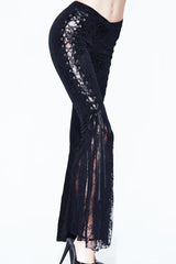 Black Palace Pattern Lace-Up Velveteen Lace Flared Women's Gothic Pants - Product - 8