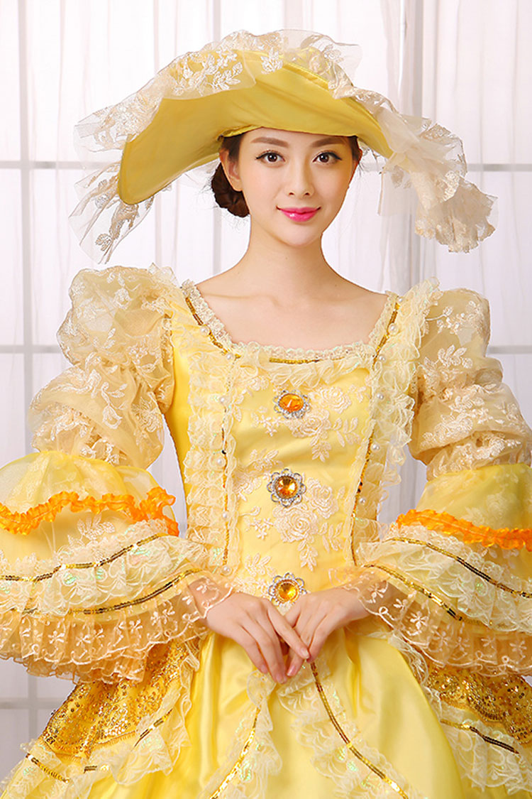 Yellow Hime Sleeves High Waisted Lace Stitching Gem Button Multi-Layer Victorian Lolita Prom Dress - Product - 5