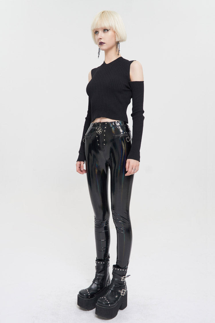 Black Hooded Off-The-Shoulder Back Cutout Rope String Upside Down Pentagram Wool Knit Long Sleeve Women's Punk Sweater - Product - 5