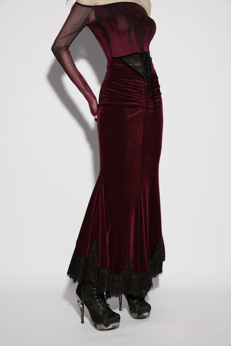 Red Lace Velvet Pleated Women's Gothic Elegant Mermaid Skirt - Product - 7