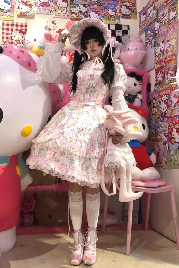 White/Pink Sleeveless Flower Wall Print Ruffle Bowknot Lace Sweet Lolita Jsk Dress - Product - 7