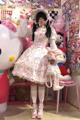 White/Pink Sleeveless Flower Wall Print Ruffle Bowknot Lace Sweet Lolita Jsk Dress - Product - 7